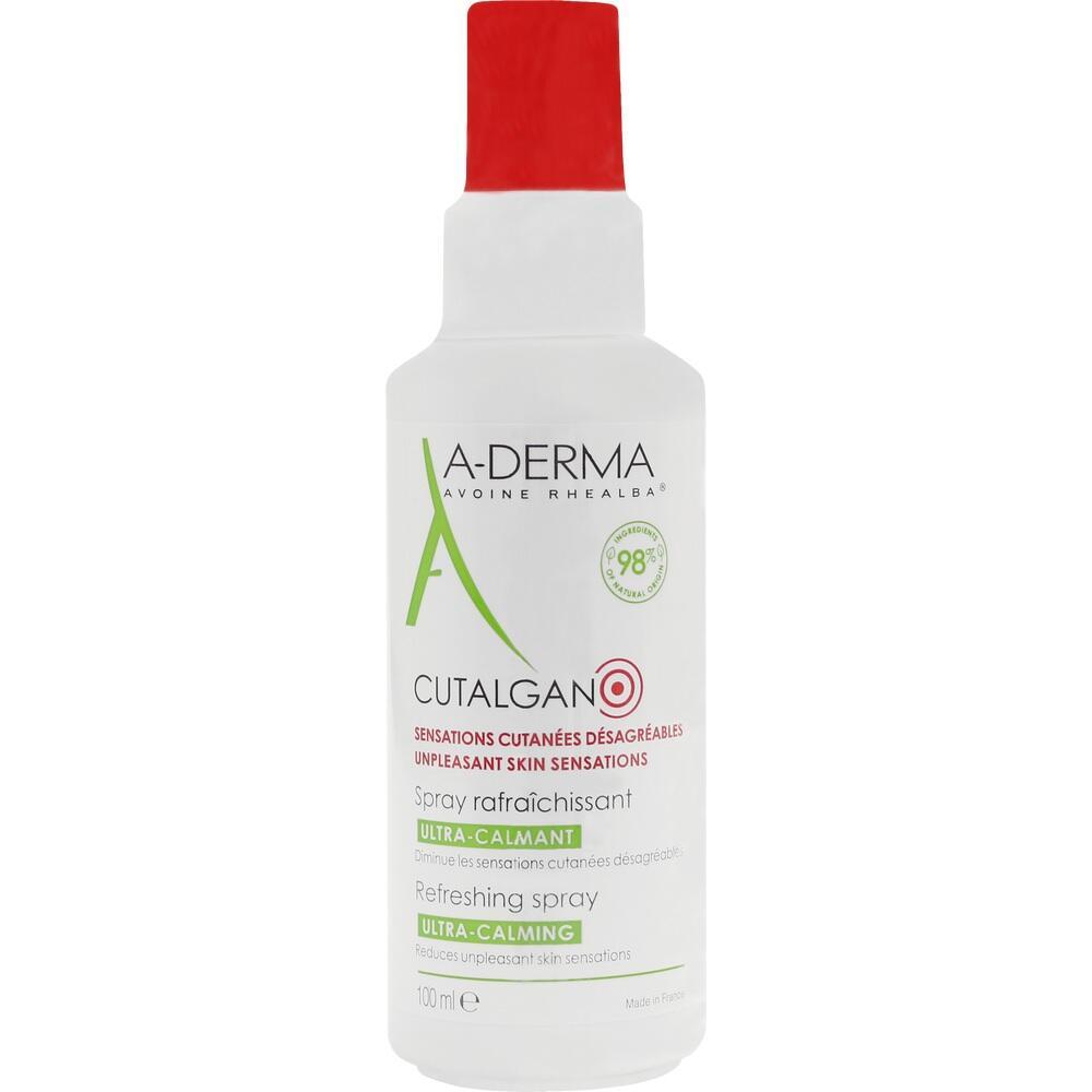 Wei&szlig;e Spr&uuml;hflasche mit rotem Deckel und der Aufschrift "A-Derma Cutalgan".