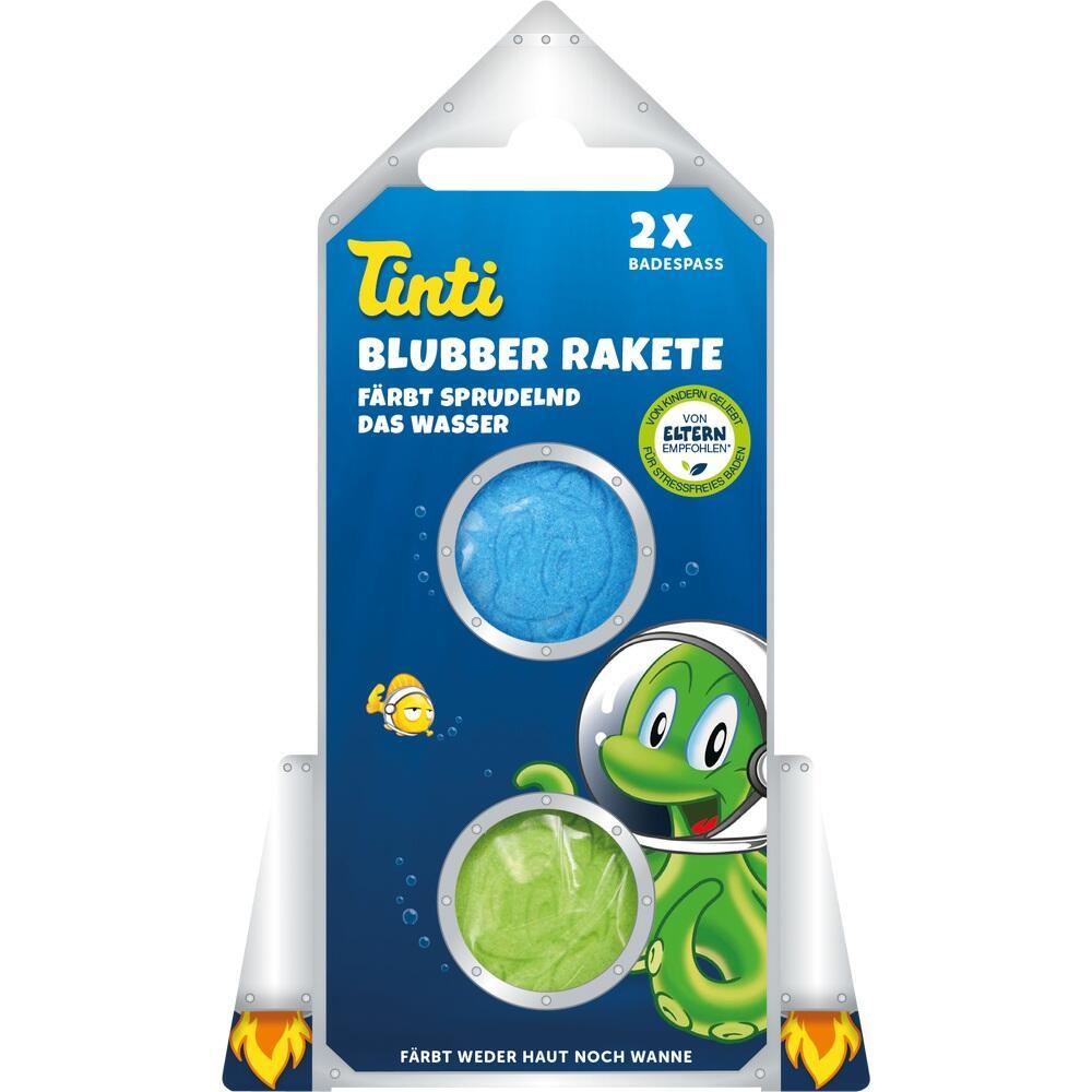 Verpackung mit Badezusätzen in Raketenform, einer blau, einer grün, mit fröhlichem Oktopus.