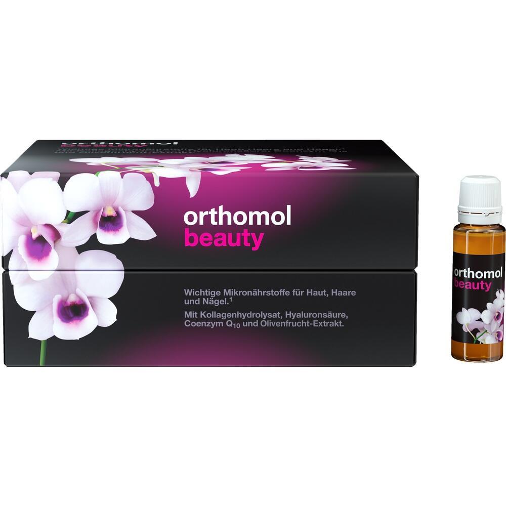 Schwarze Verpackung mit Orchideenbild und Fläschchen mit "orthomol beauty"-Aufschrift.