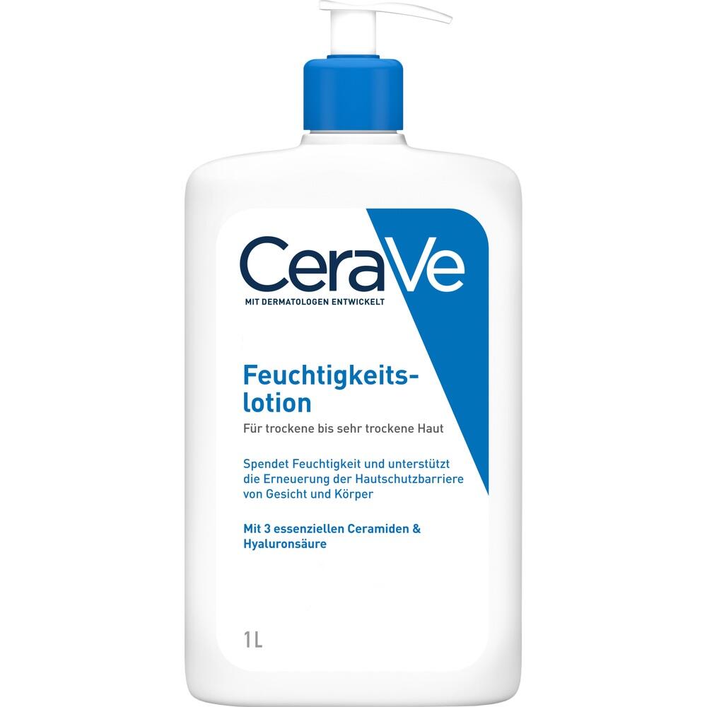 Eine Flasche CeraVe Feuchtigkeitslotion für trockene Haut mit Pumpspender.