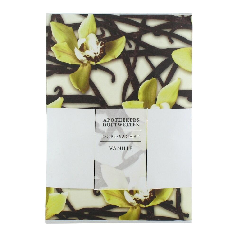 Verpackung mit gelben Blüten und dem Aufdruck "Duft-Sachet Vanille".