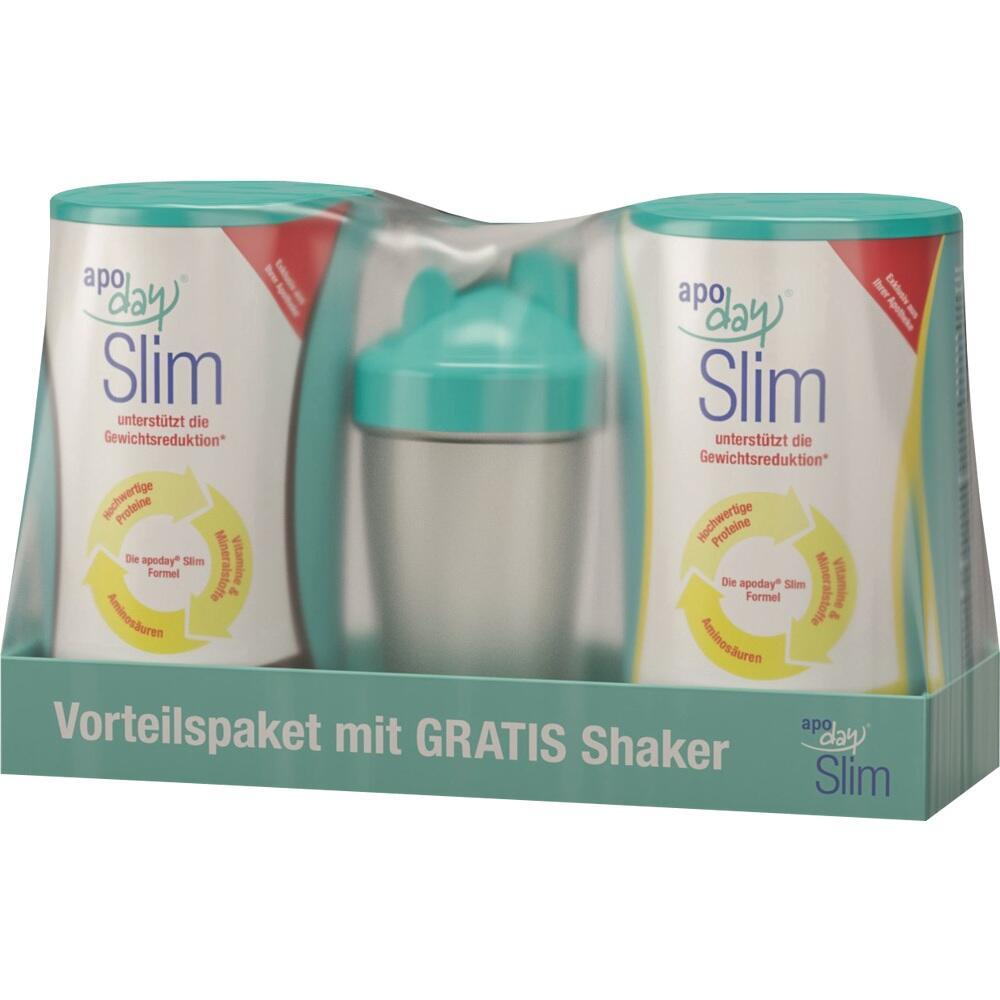Verpackung mit zwei Dosen apoday Slim und einem grünen Shaker.