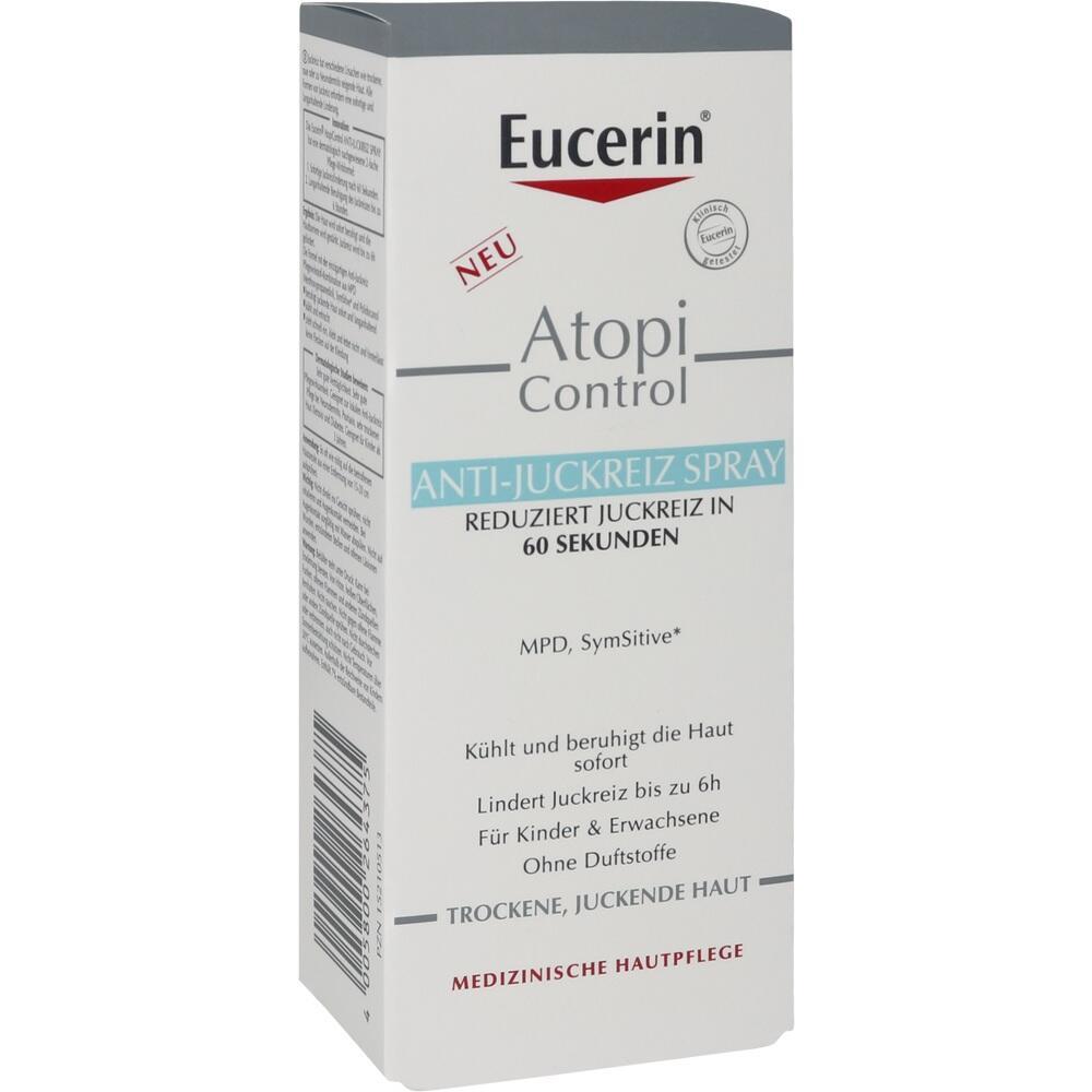 Verpackung eines Sprays gegen Juckreiz mit der Aufschrift "Eucerin AtopiControl Anti-Juckreiz".
