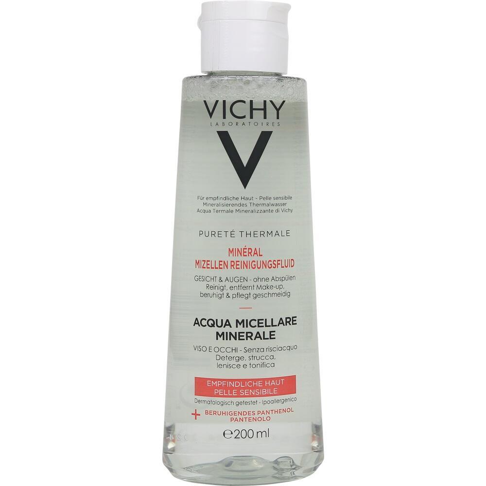 Durchsichtige Flasche mit Vichy Reinigungsfluid für empfindliche Haut.