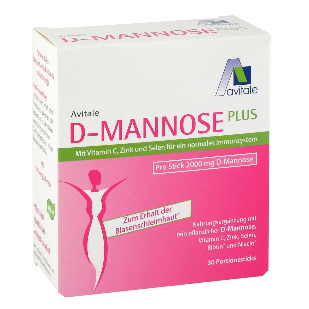 Eine Packung Avitale D-Mannose Plus Nahrungsergänzungsmittel.