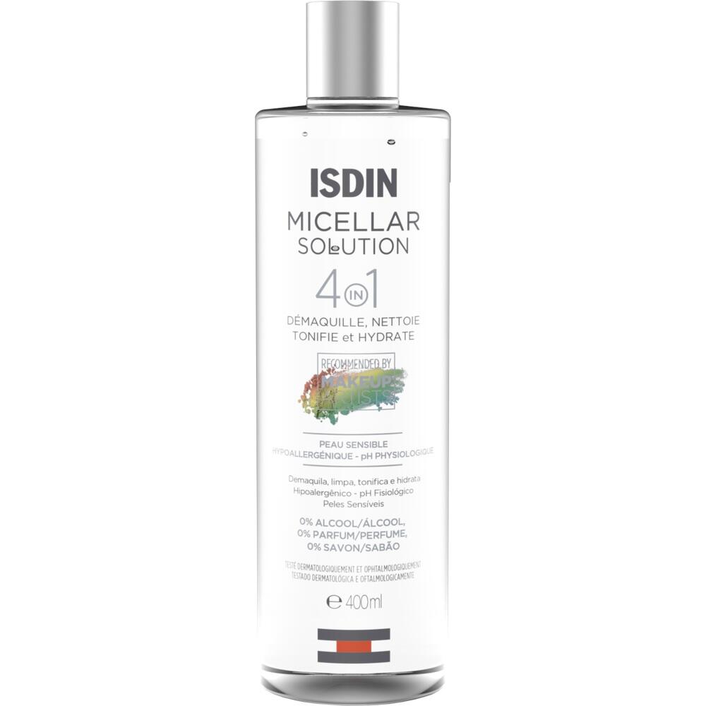 Durchsichtige Flasche mit der Aufschrift "ISDIN Micellar Solution 4 in 1".
