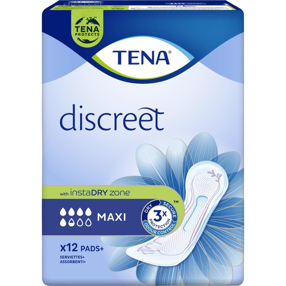 Verpackung von TENA Discreet Maxi Binden mit 12 Stück, blauer Hintergrund.