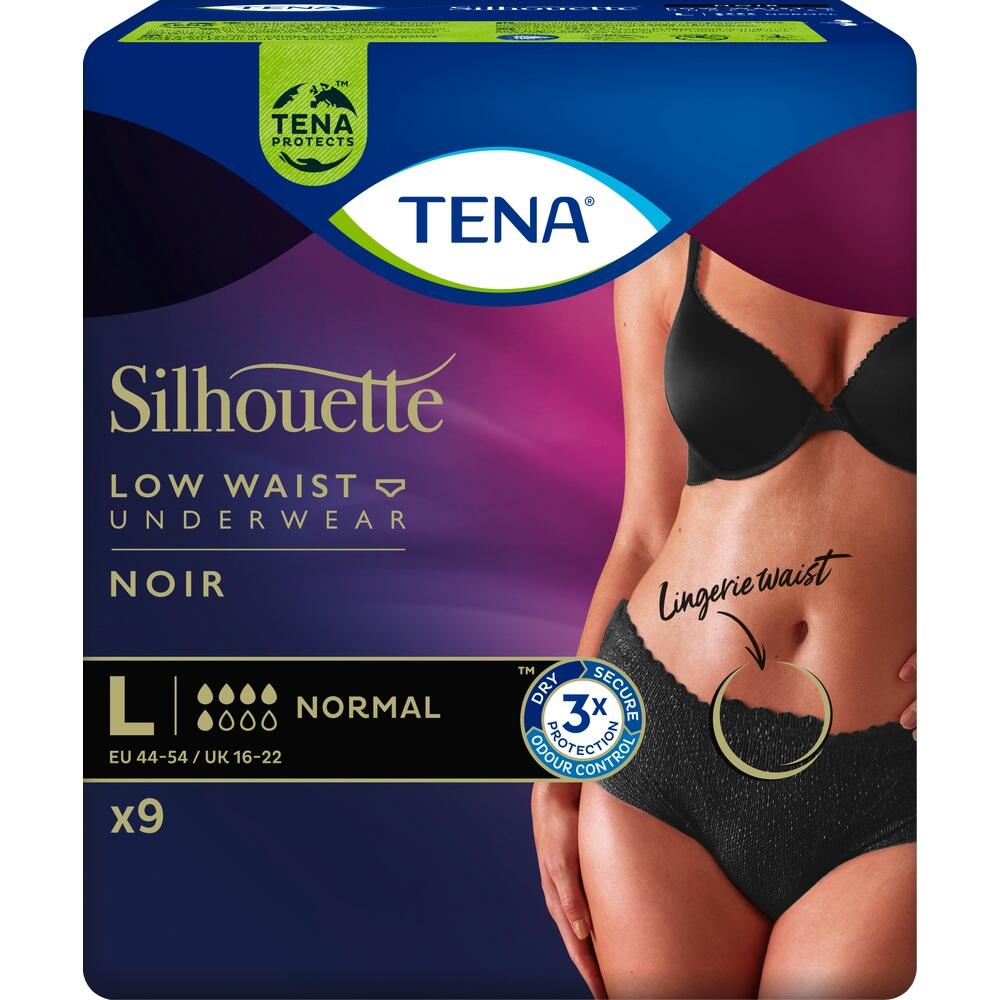 Die Verpackung zeigt schwarze Low-Waist-Unterwäsche von TENA in Größe L.