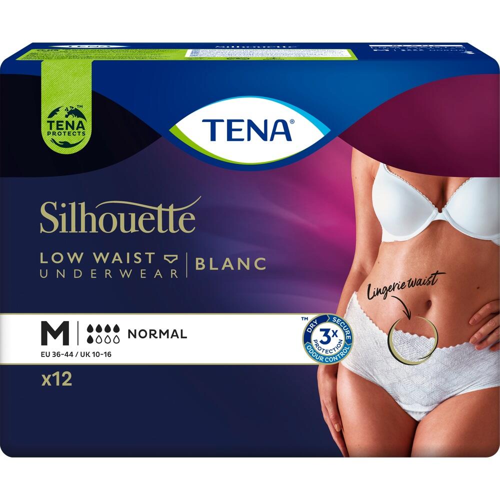 Verpackung von TENA Silhouette Unterwäsche, Low Waist, Größe M, mit Bild einer Frau in Unterwäsche.