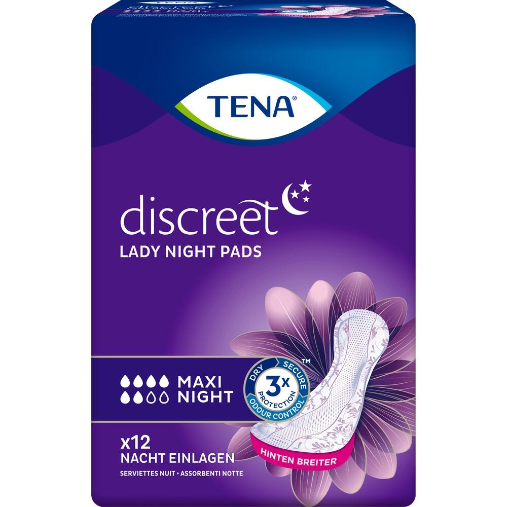 Lila Verpackung mit Damen-Nachteinlagen von TENA, geeignet für die Nacht.