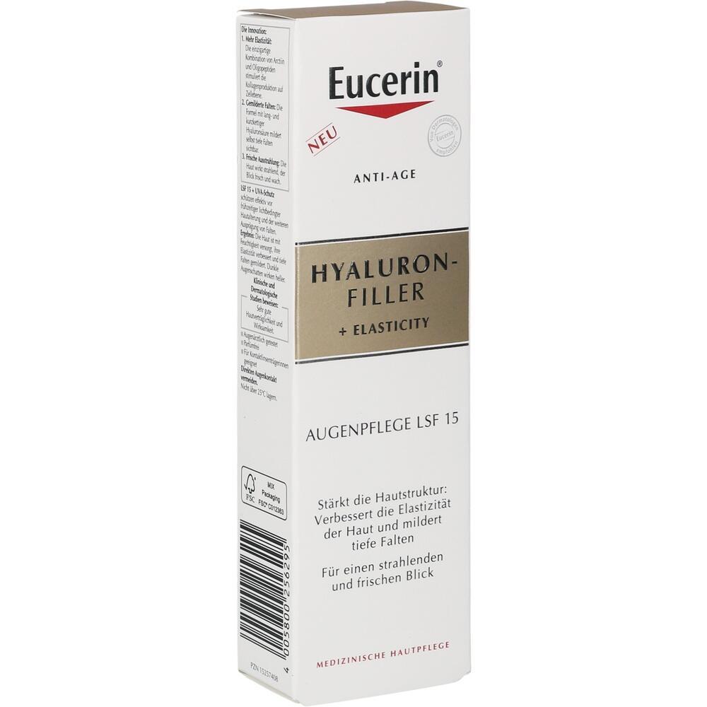 Weiße Verpackung von Eucerin Hyaluron-Filler Augenpflege mit LSF 15.