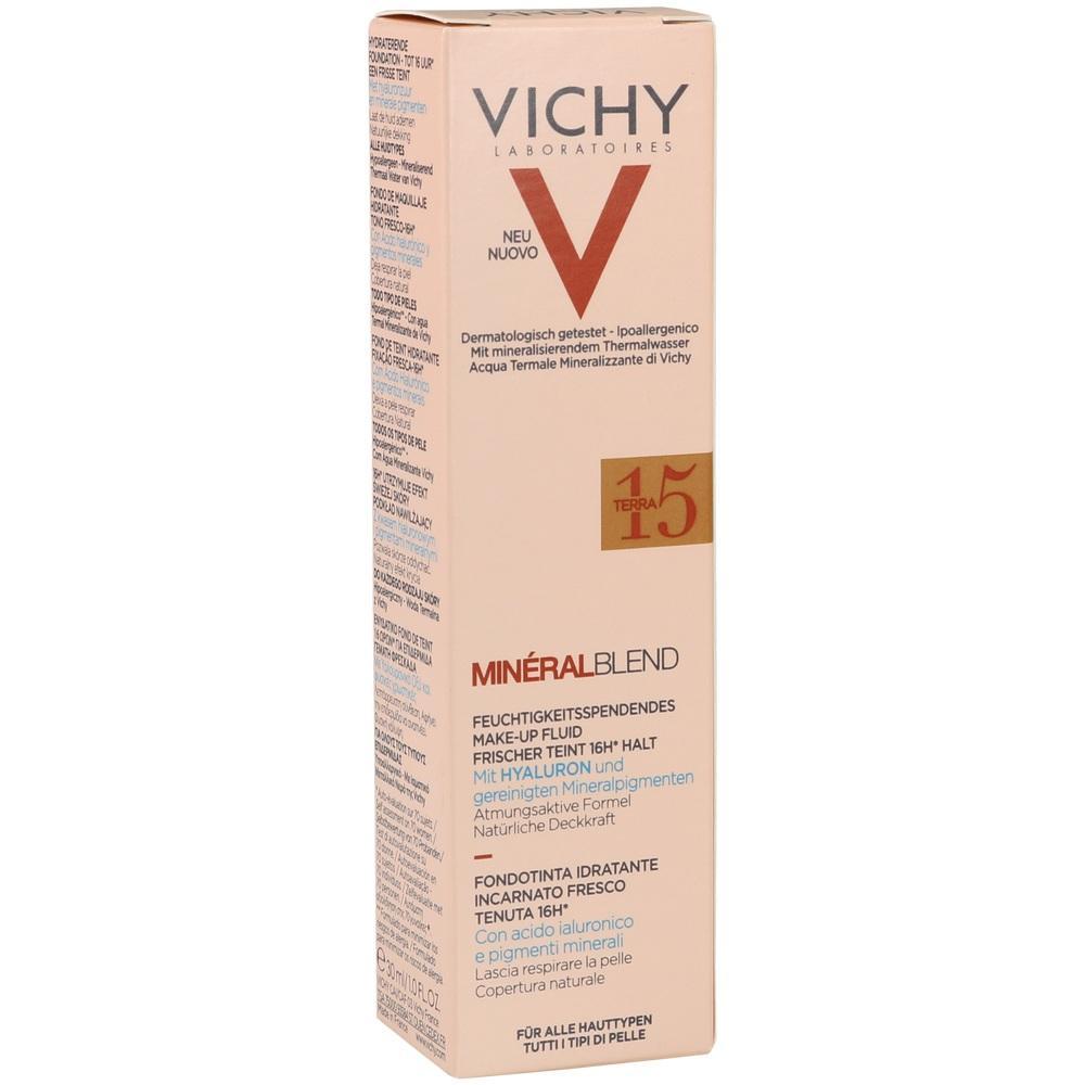 Beige Schachtel mit Vichy Mineralblend Make-up-Fluid, feuchtigkeitsspendend.