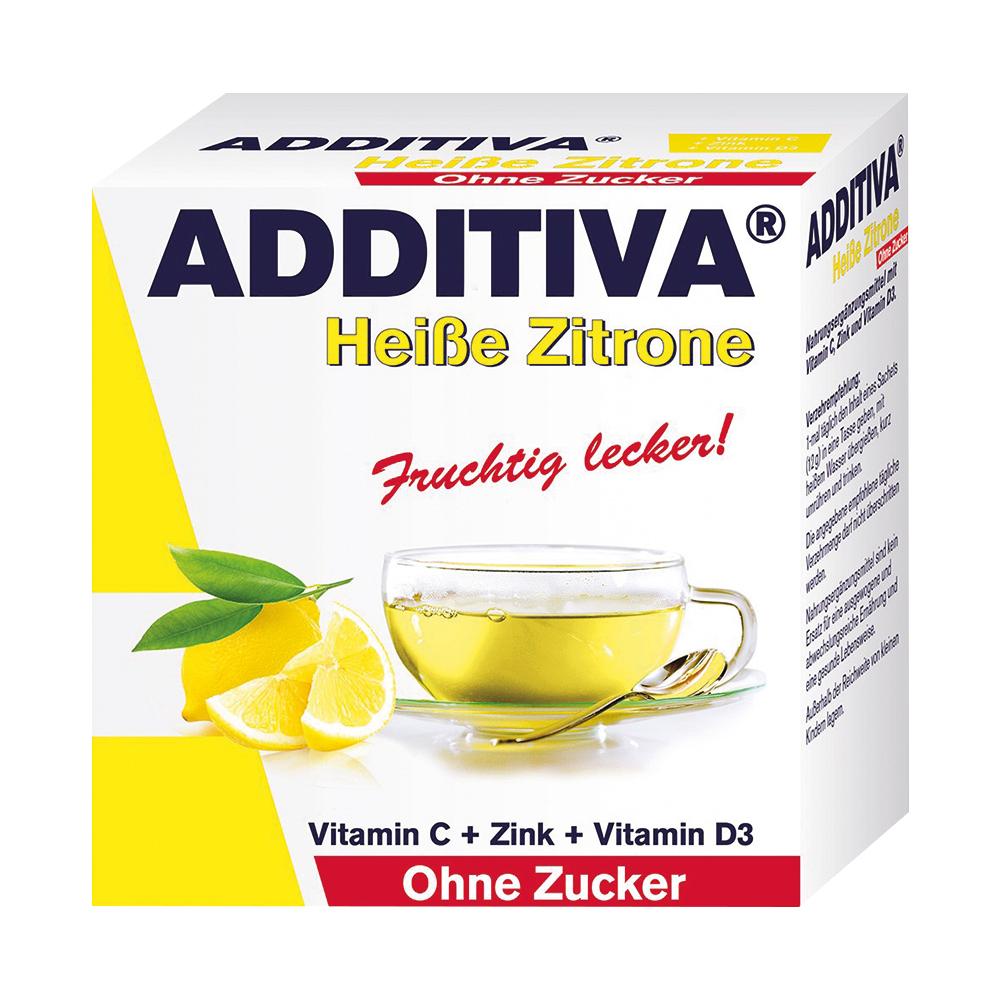 Verpackung von "Additiva Heiße Zitrone" ohne Zucker mit Vitamin C, Zink und Vitamin D3.