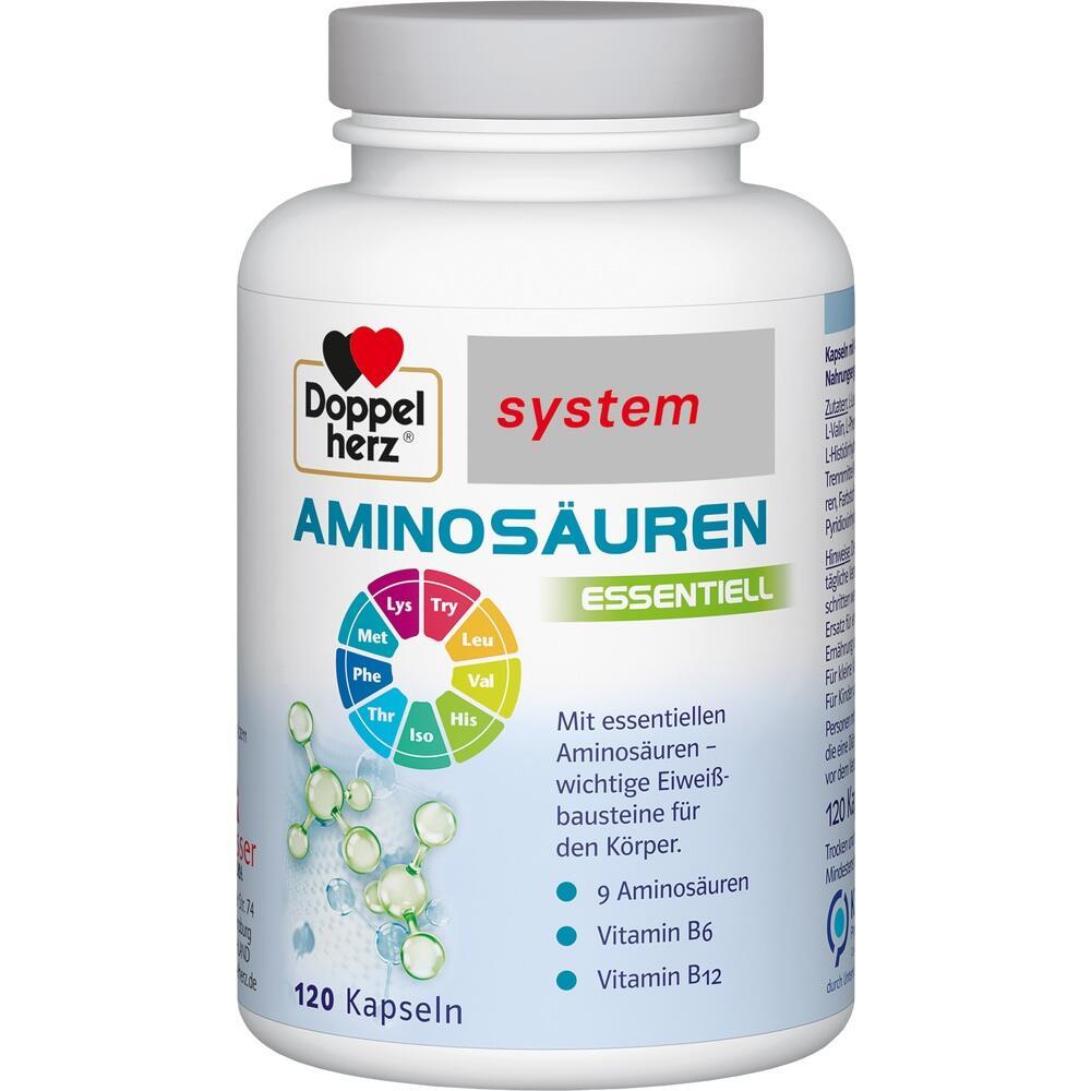 Ein weißes Dosenbehälter mit der Aufschrift "Aminosäuren" von Doppelherz.