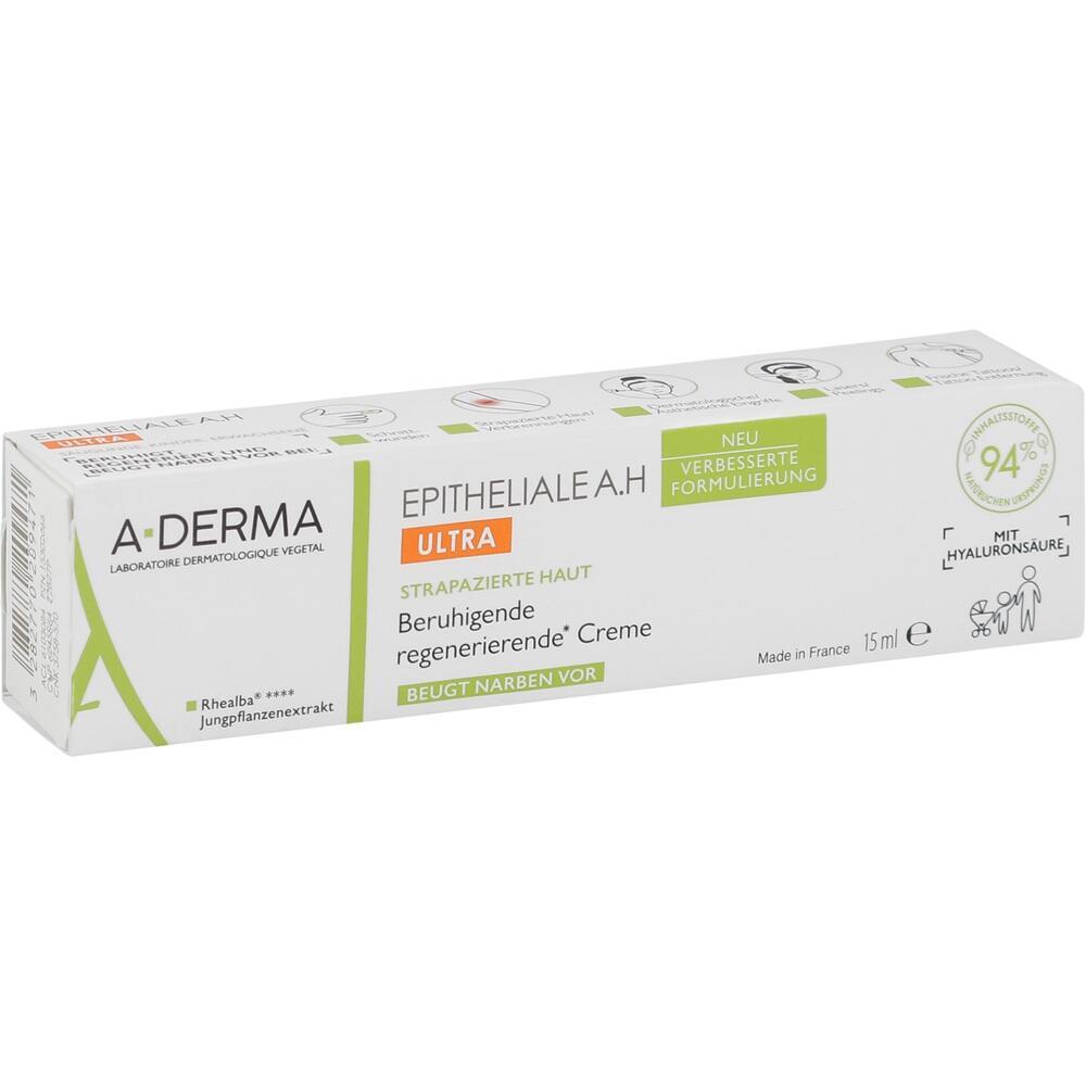 Wei&szlig;e Creme-Verpackung mit gr&uuml;nem und rotem Text f&uuml;r strapazierte Haut.