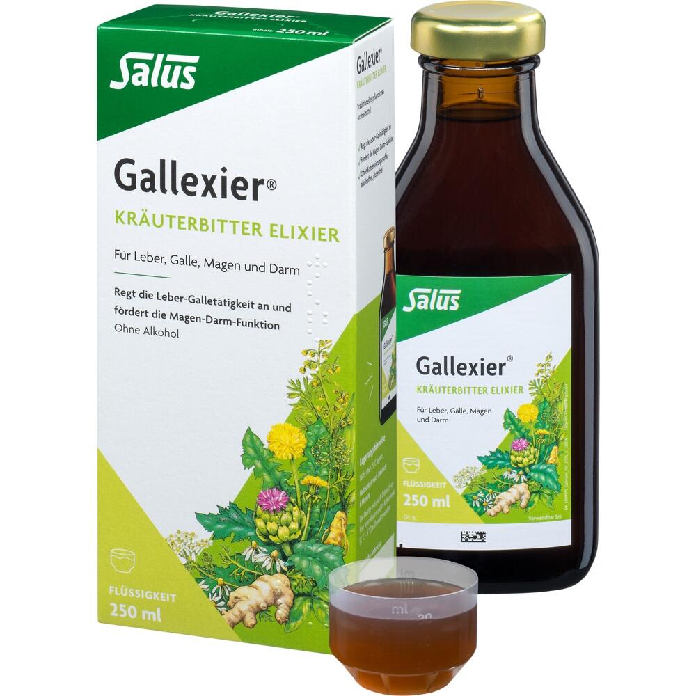 Eine Flasche Gallexier Kräuterbitter-Elixier mit Umverpackung.