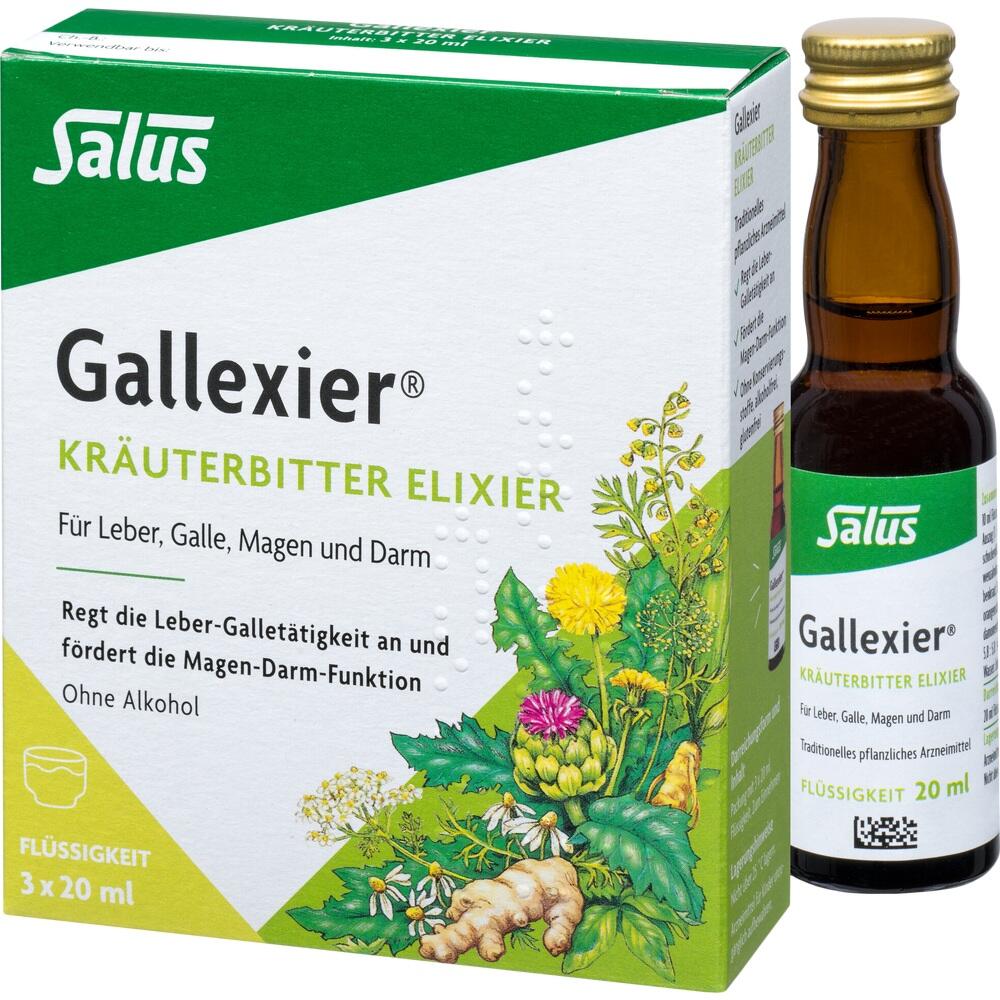 Eine Packung und Flasche mit Kräuterbitter-Elixier für die Verdauung.