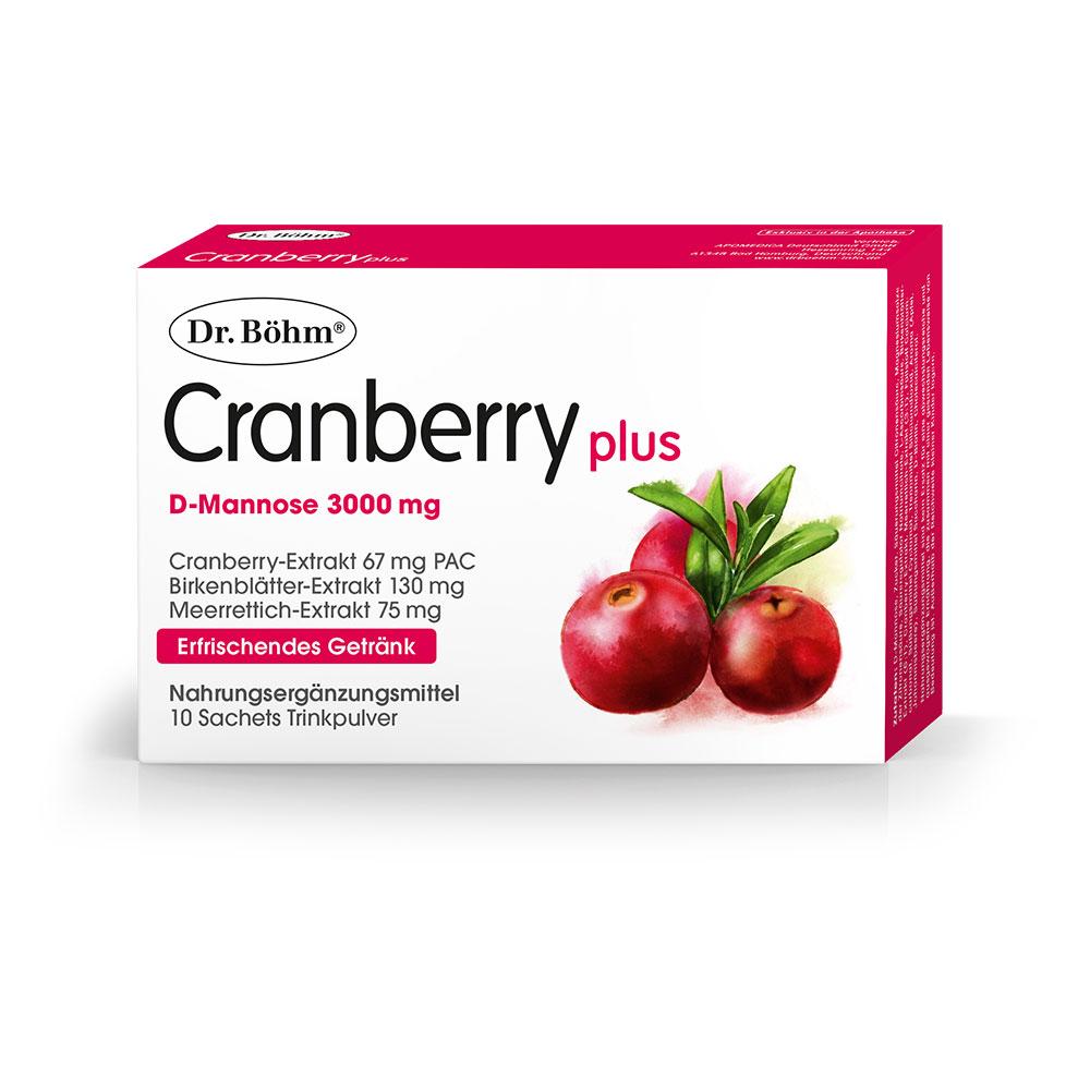 Verpackung von Dr. Böhm Cranberry plus mit Fruchtbild, ein Nahrungsergänzungsmittel.