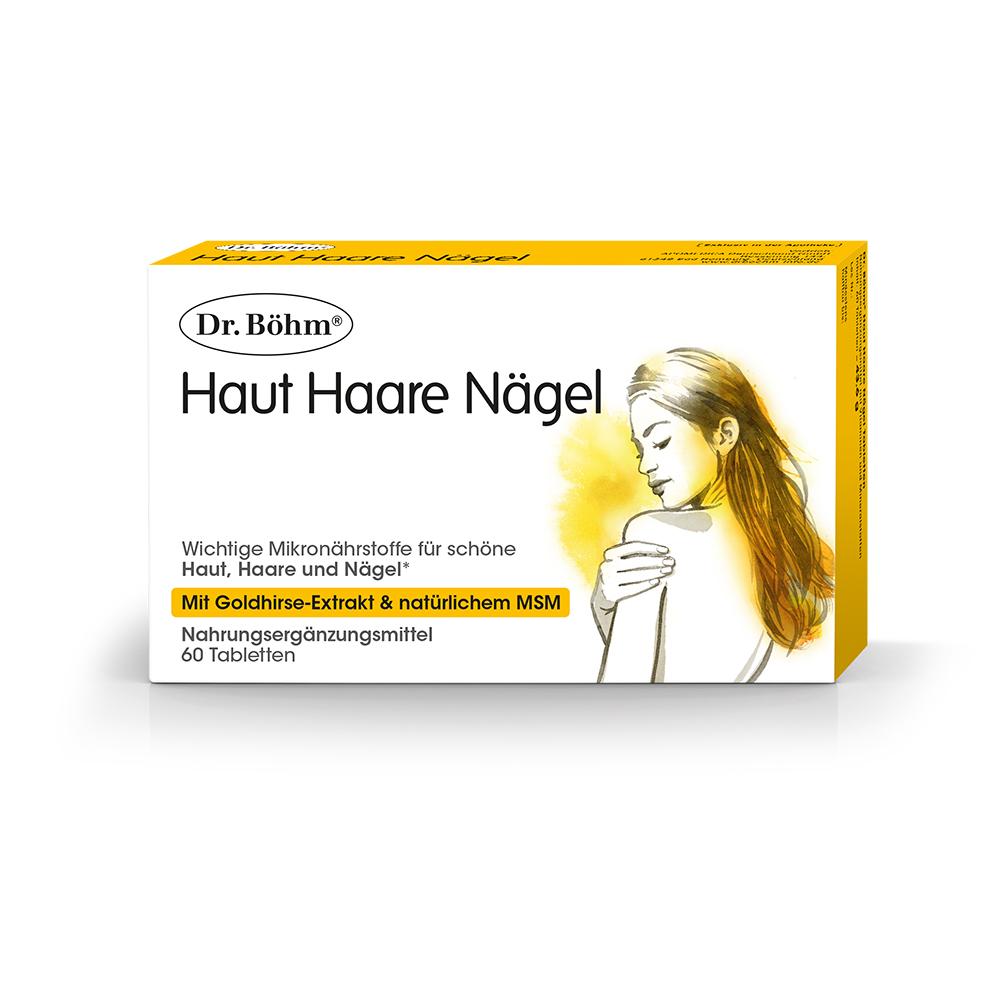 Verpackung einer Nahrungsergänzung mit Goldhirse und MSM für Haut, Haare und Nägel.