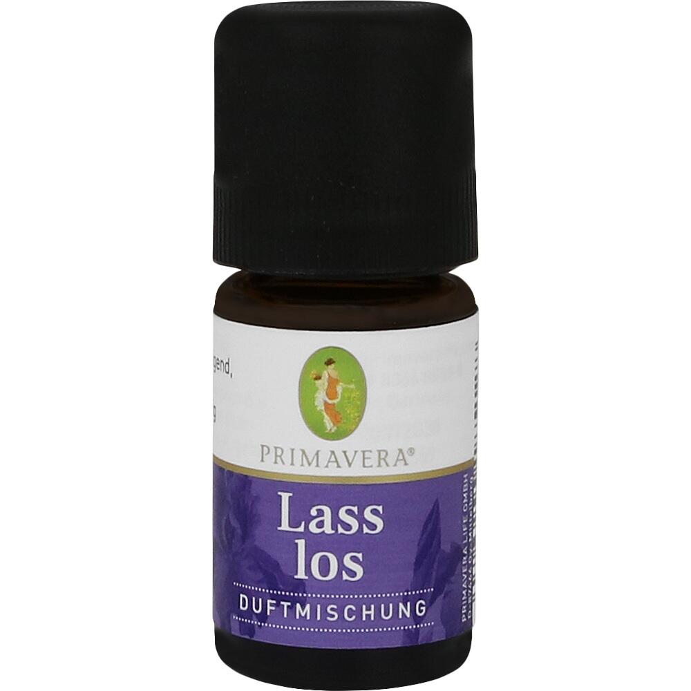 Braune Flasche mit schwarzem Deckel und lila Etikett mit der Aufschrift "Lass los Duftmischung".