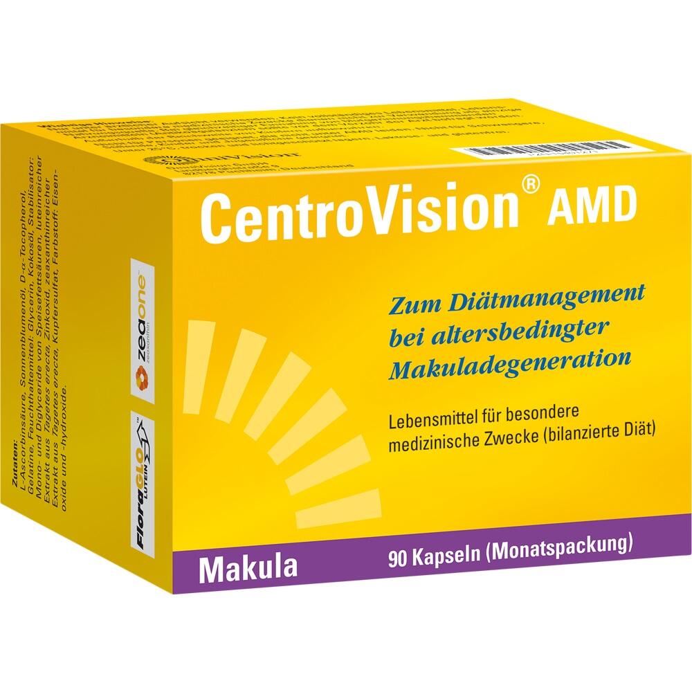 Gelbe Packung des Produkts "CentroVision AMD" zur Unterstützung der Augengesundheit.