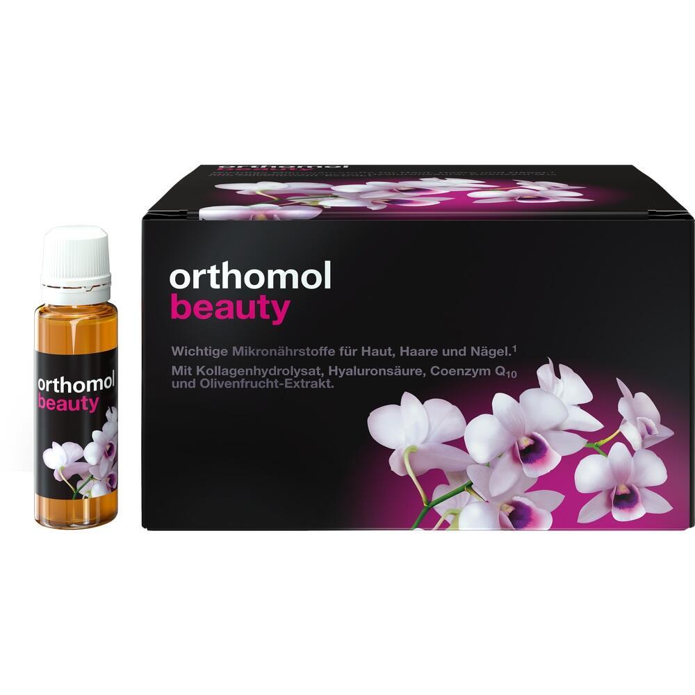 Braunes Fläschchen und schwarze Verpackung mit weißen Blumen und dem Schriftzug "Orthomol Beauty".