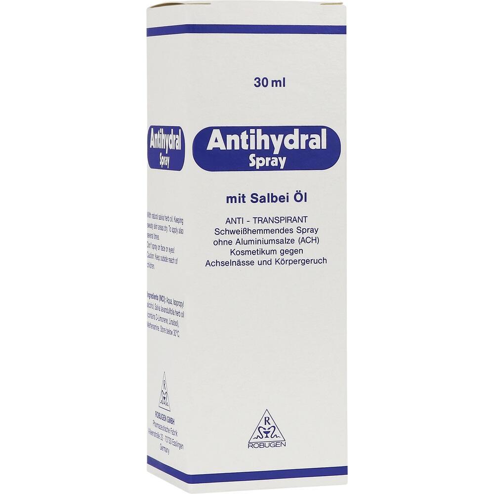 Weiße Verpackung eines Antihydral Sprays gegen Schweiß mit Salbeiöl.