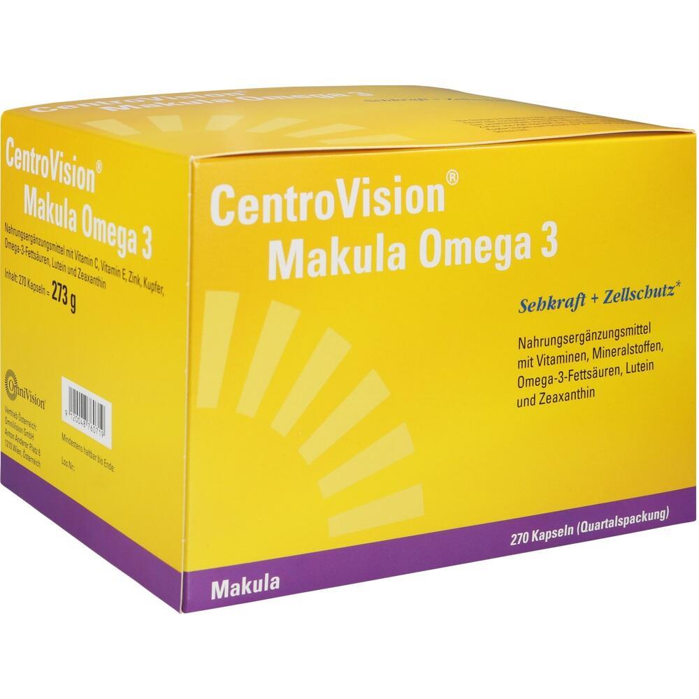 Gelbe Verpackung mit der Aufschrift "CentroVision Makula Omega 3" und Infos zu Inhalt.