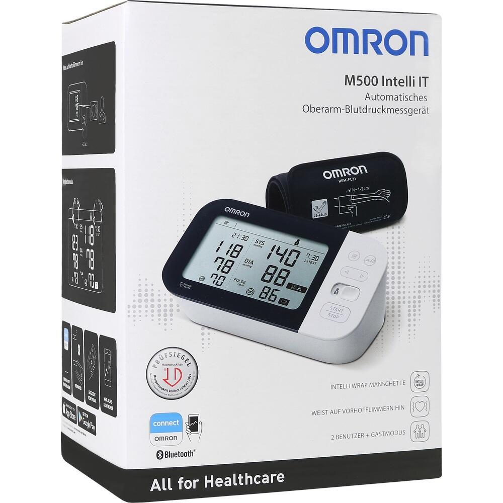Verpackung eines automatischen Blutdruckmessgeräts von Omron mit Display und Manschette.