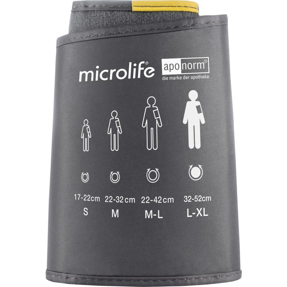 Graue Blutdruckmanschette mit Größenangaben für verschiedene Armumfänge.