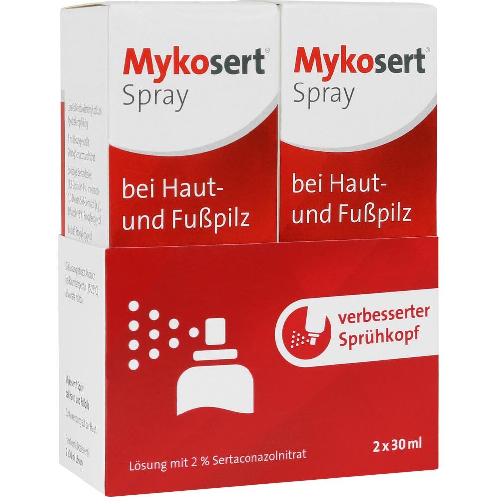 Zwei rote Spraypackungen gegen Haut- und Fußpilz stehen nebeneinander.