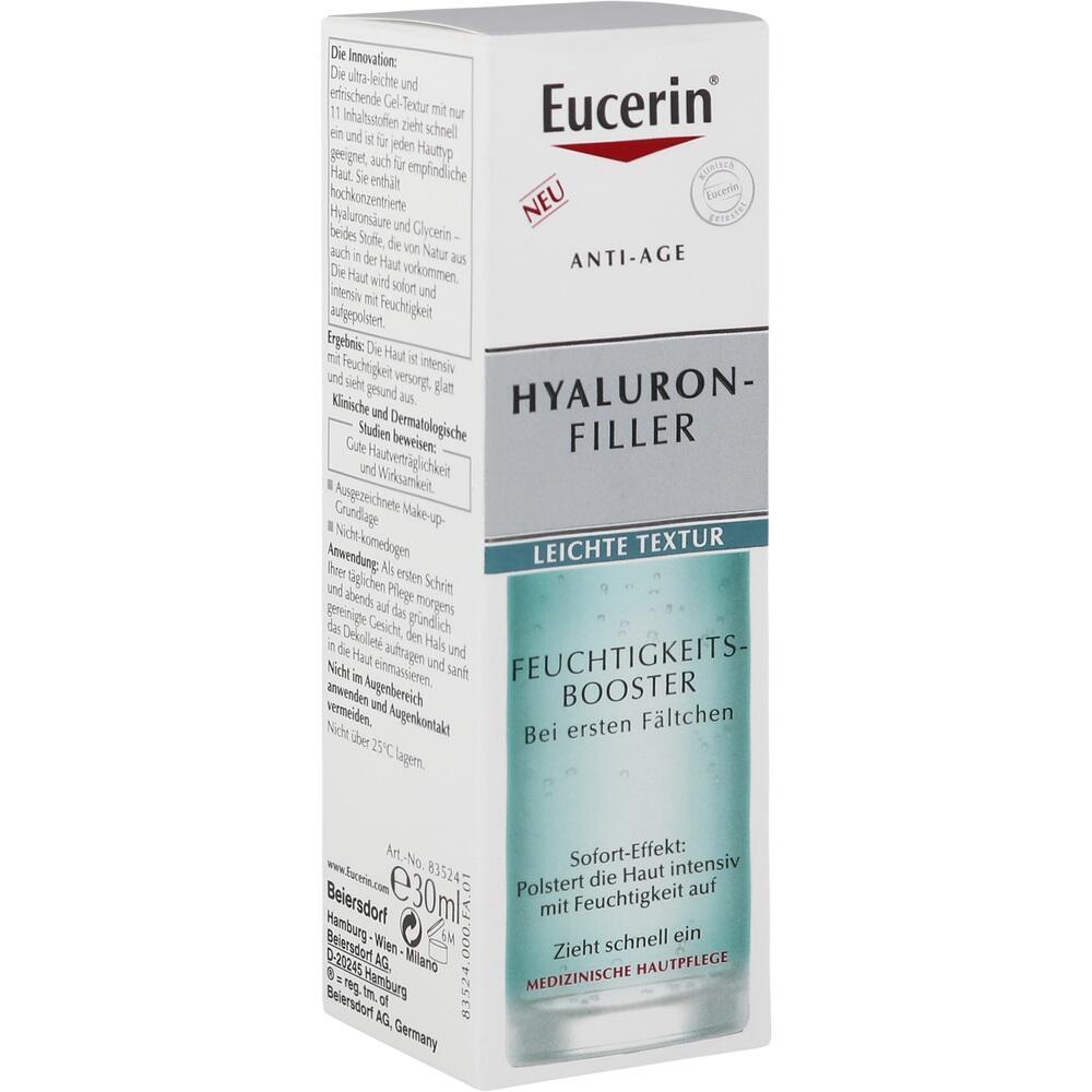 Eine Eucerin Hyaluron-Filler Verpackung für Feuchtigkeitsbooster bei ersten Fältchen.