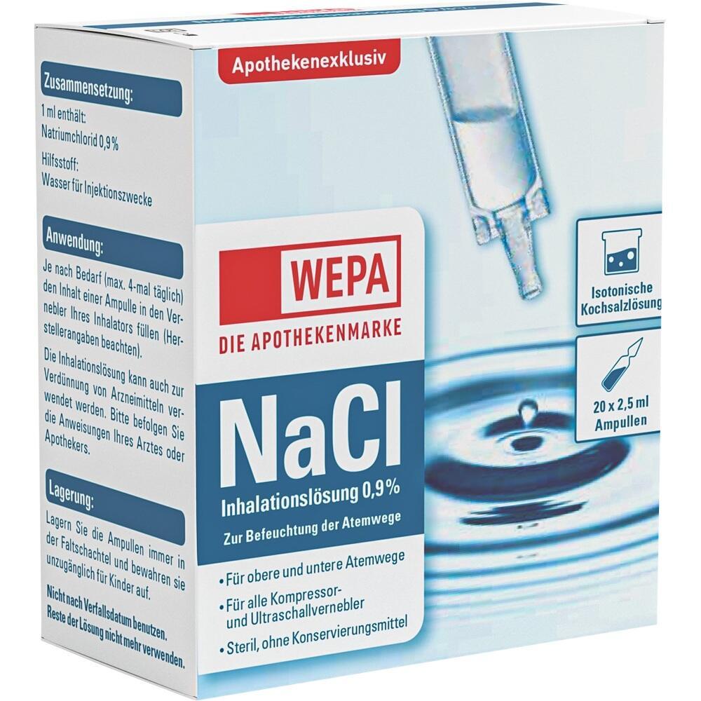Eine Schachtel mit NaCl Inhalationslösung von WEPA zur Atemwegsbefeuchtung.