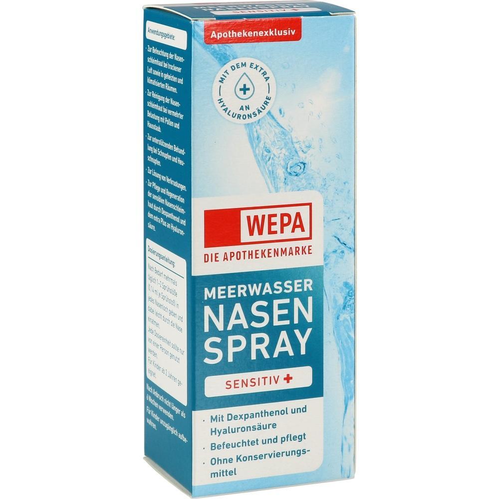 Blaue Schachtel vom Wepa Meerwasser-Nasenspray sensitiv mit rotem Logo.