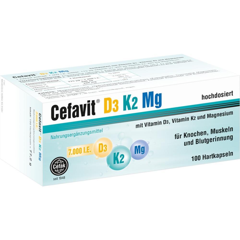 Eine Schachtel mit einem Nahrungserg&auml;nzungsmittel namens Cefavit D3 K2 Mg.