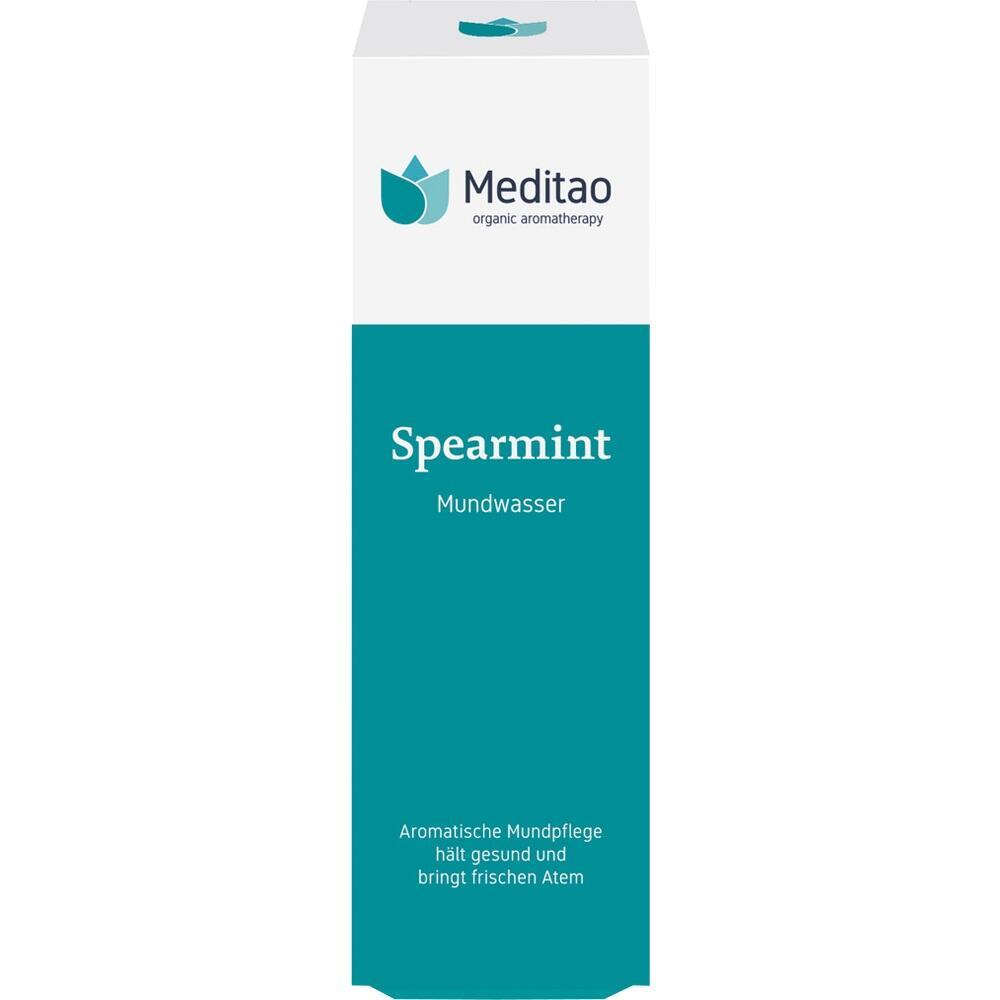 Verpackung von Spearmint-Mundwasser von Meditao in Grün und Weiß.
