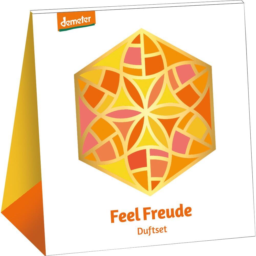 Ein buntes Muster auf einer Verpackung mit der Aufschrift "Feel Freude Duftset".