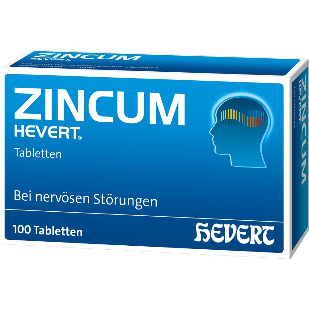 Blaue Packung mit Tabletten gegen nervöse Störungen, Marke „Zincum Hevert“.