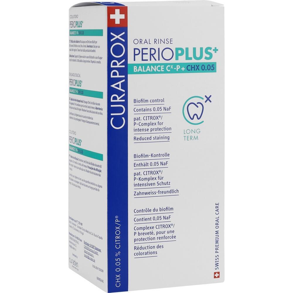 Dies ist eine Packung Mundspülung von Curaprox namens PERIOPLUS+ Balance.