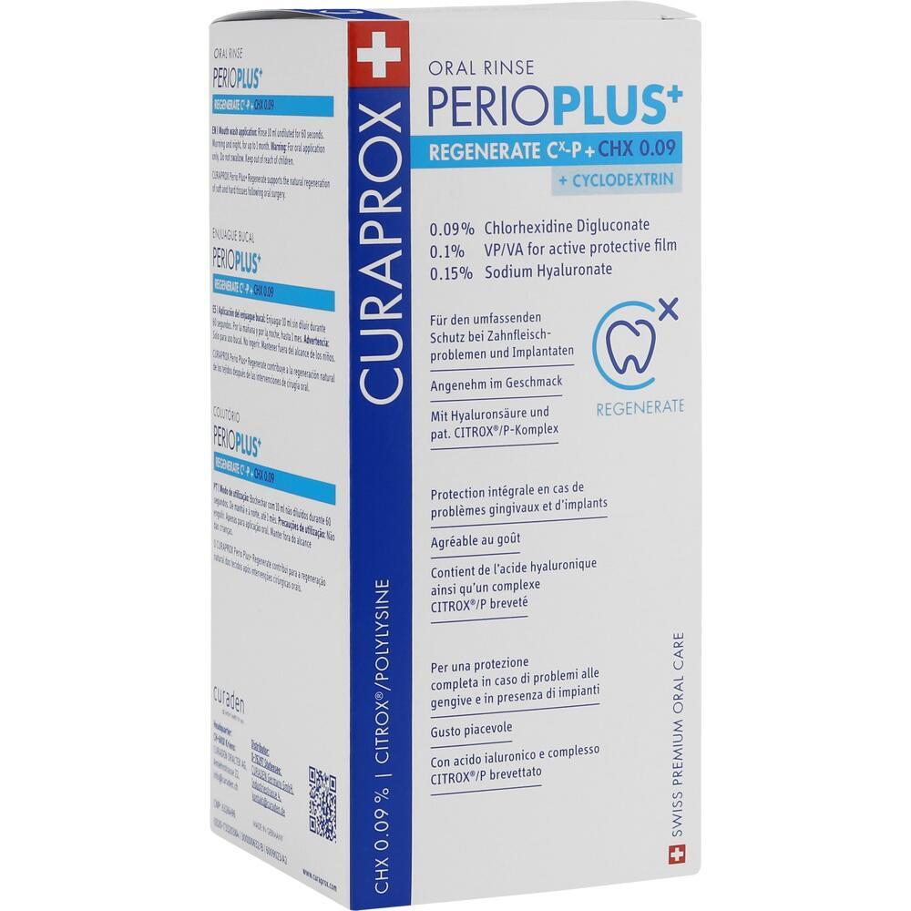Eine Verpackung einer Mundspülung der Marke Curaprox PerioPlus.