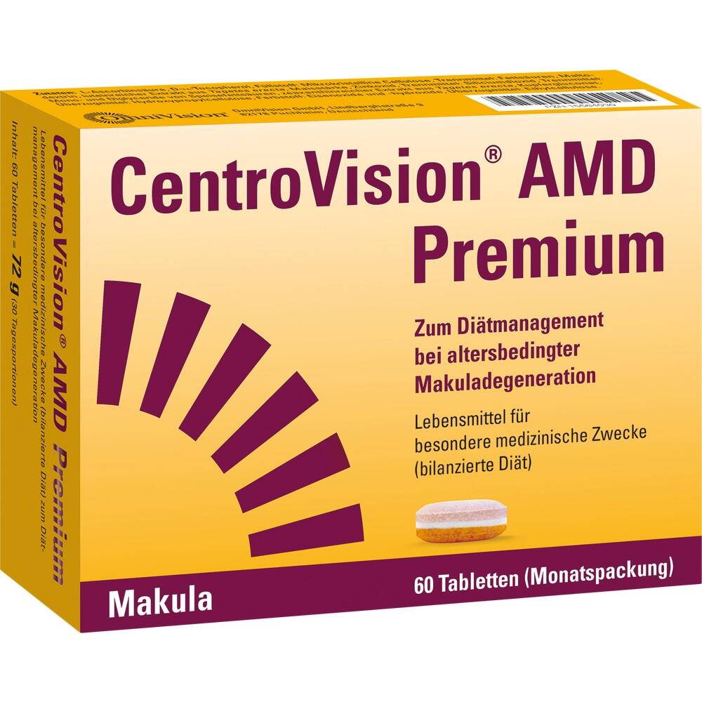 Gelbe Packung mit der Aufschrift "CentroVision AMD Premium" für Augenmedizin.