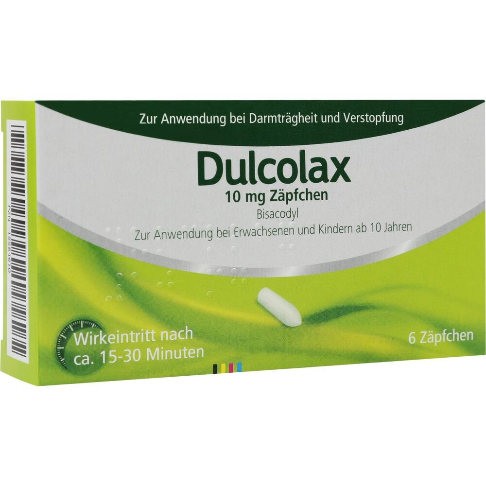 Ein gr&uuml;nes und wei&szlig;es Paket von Dulcolax-Z&auml;pfchen zur Behandlung von Verstopfung.