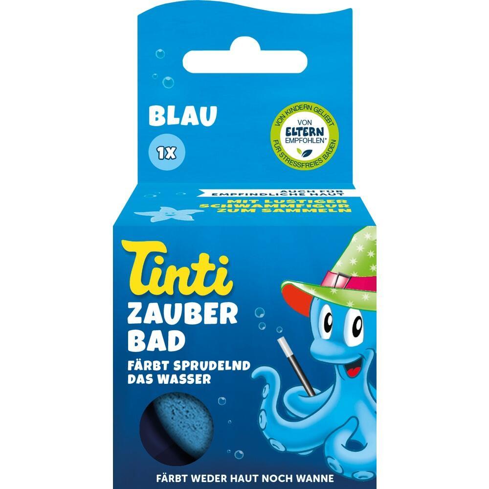 Eine blaue Packung Tinti Zauberbad mit fröhlichem Tintenfisch und Zauberstab.