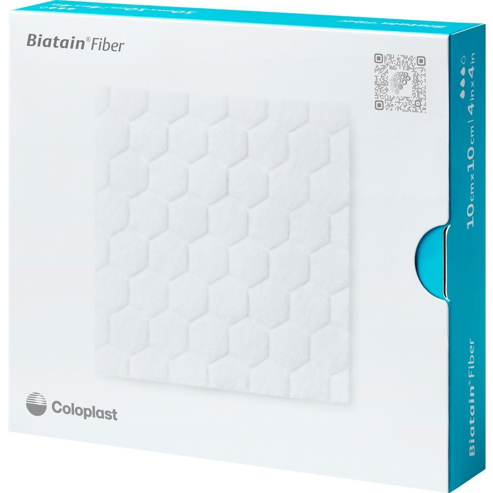 Eine wei&szlig;e Box mit der Aufschrift "Biatain Fiber" von Coloplast.