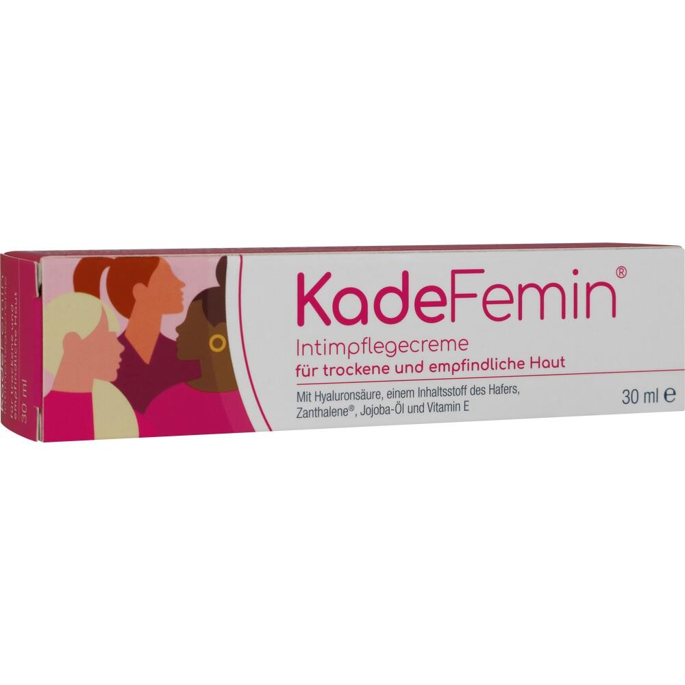 Eine rosa und weiße Schachtel mit KadeFemin Intimpflegecreme für empfindliche Haut.