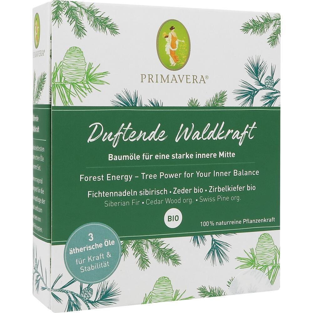 Gr&uuml;ne Verpackung mit Text &uuml;ber &auml;therische &Ouml;le aus Fichtennadeln und Zedernholz.