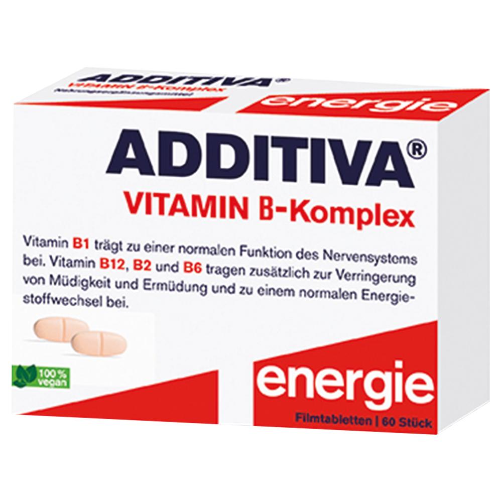 Packung mit Vitamin B-Komplex Tabletten von Additiva, vegan und für Energie.