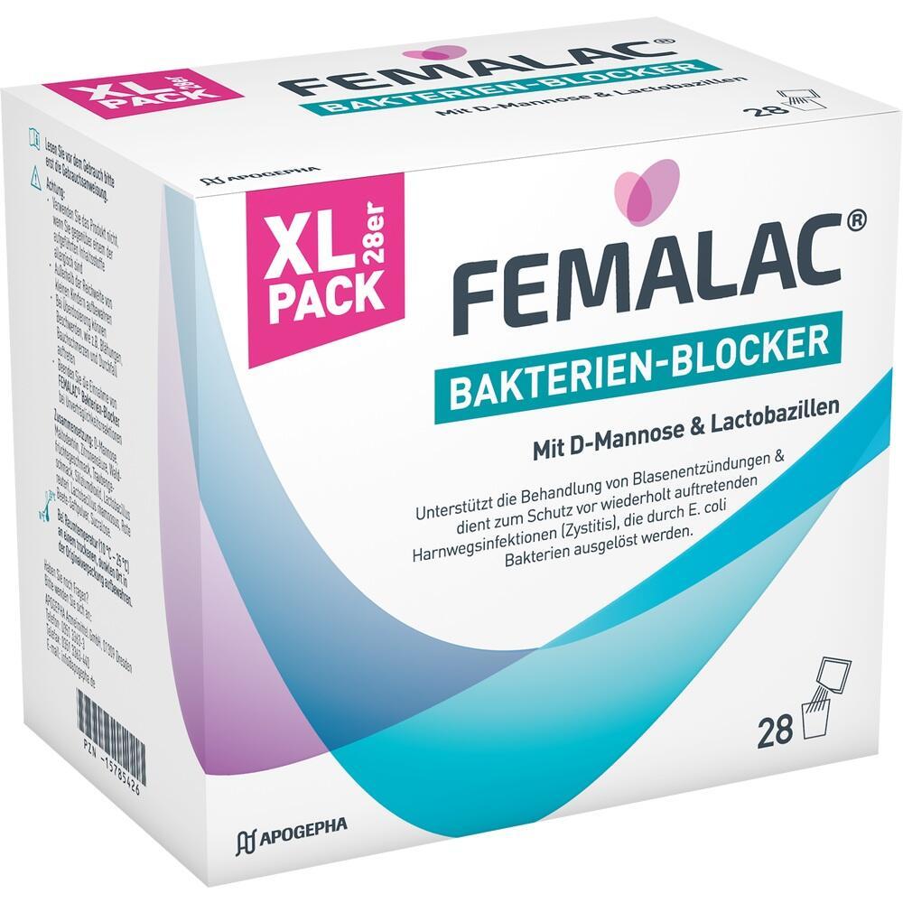 Eine weiße Packung mit Femalac Bakterien-Blocker, inklusive 28er XL Pack.