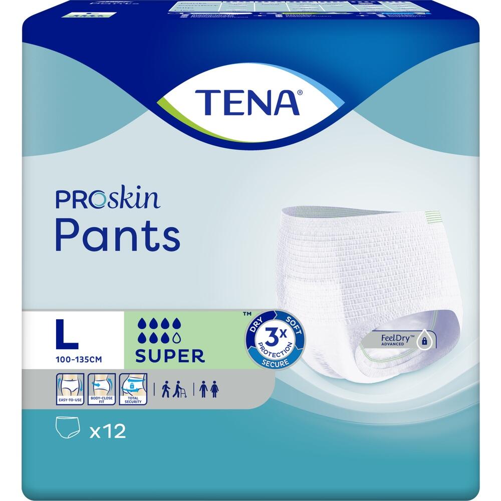 Verpackung von TENA ProSkin Pants in Größe L mit Bild einer weißen Einweghose.