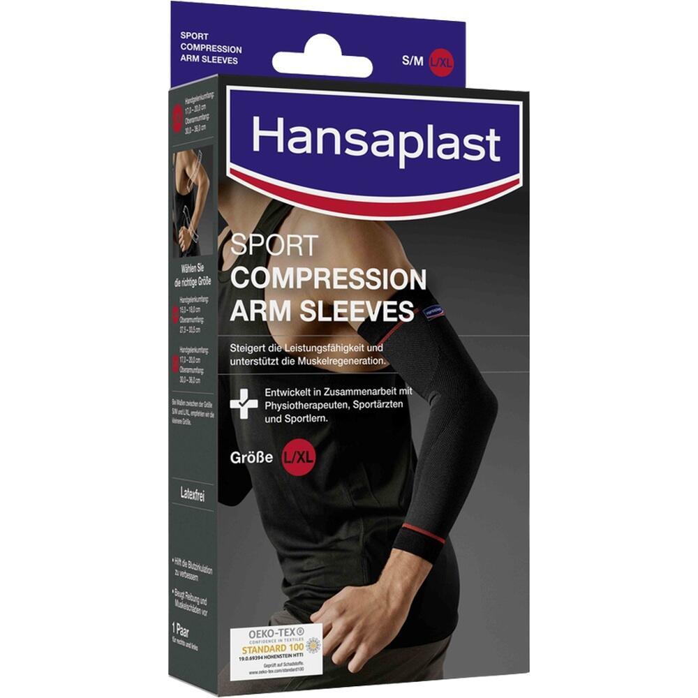 Eine Verpackung von Hansaplast Sport-Kompressionsarmstulpen in Gr&ouml;&szlig;e L/XL.
